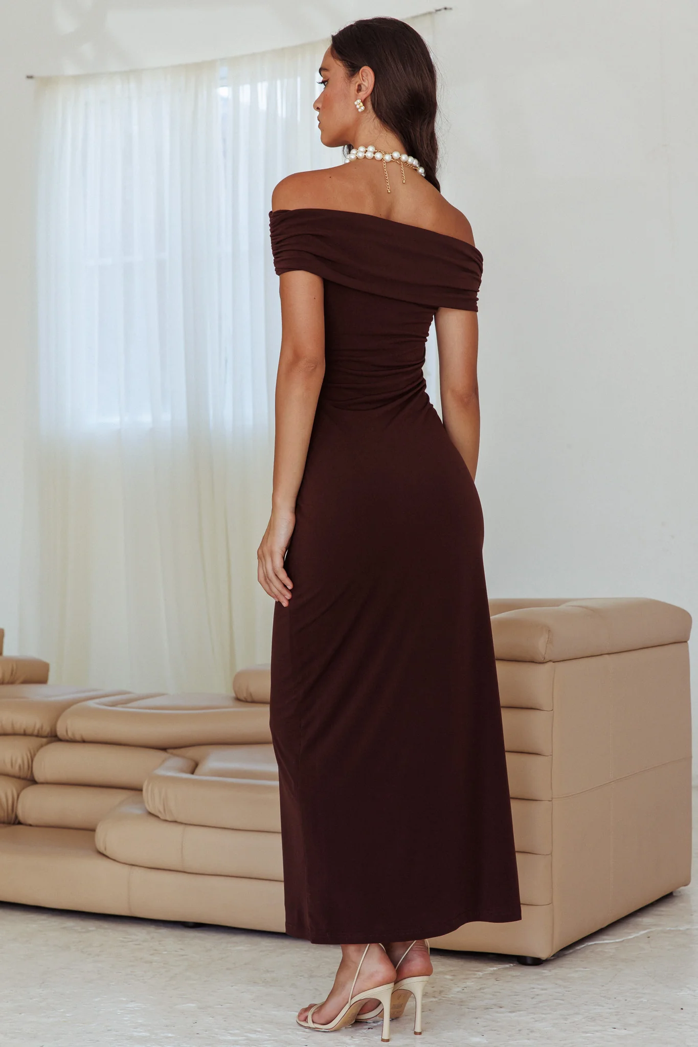 Cruising Sunset Off Shoulder Dress Chocolate