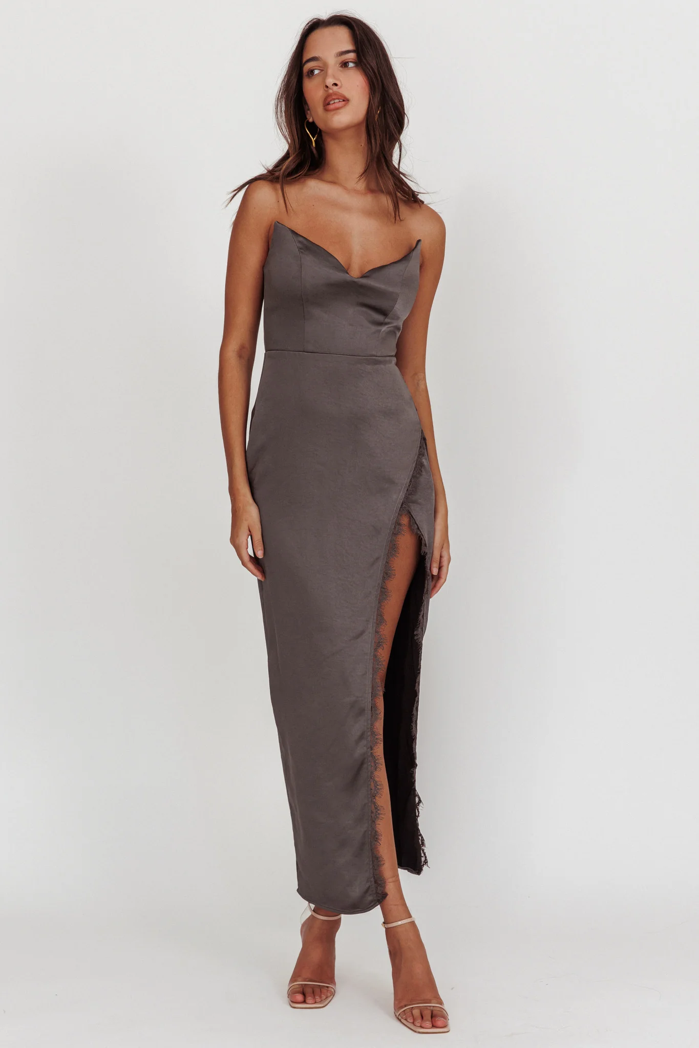 Winter Moon Strapless Lace Trim Midi Dress Charcoal