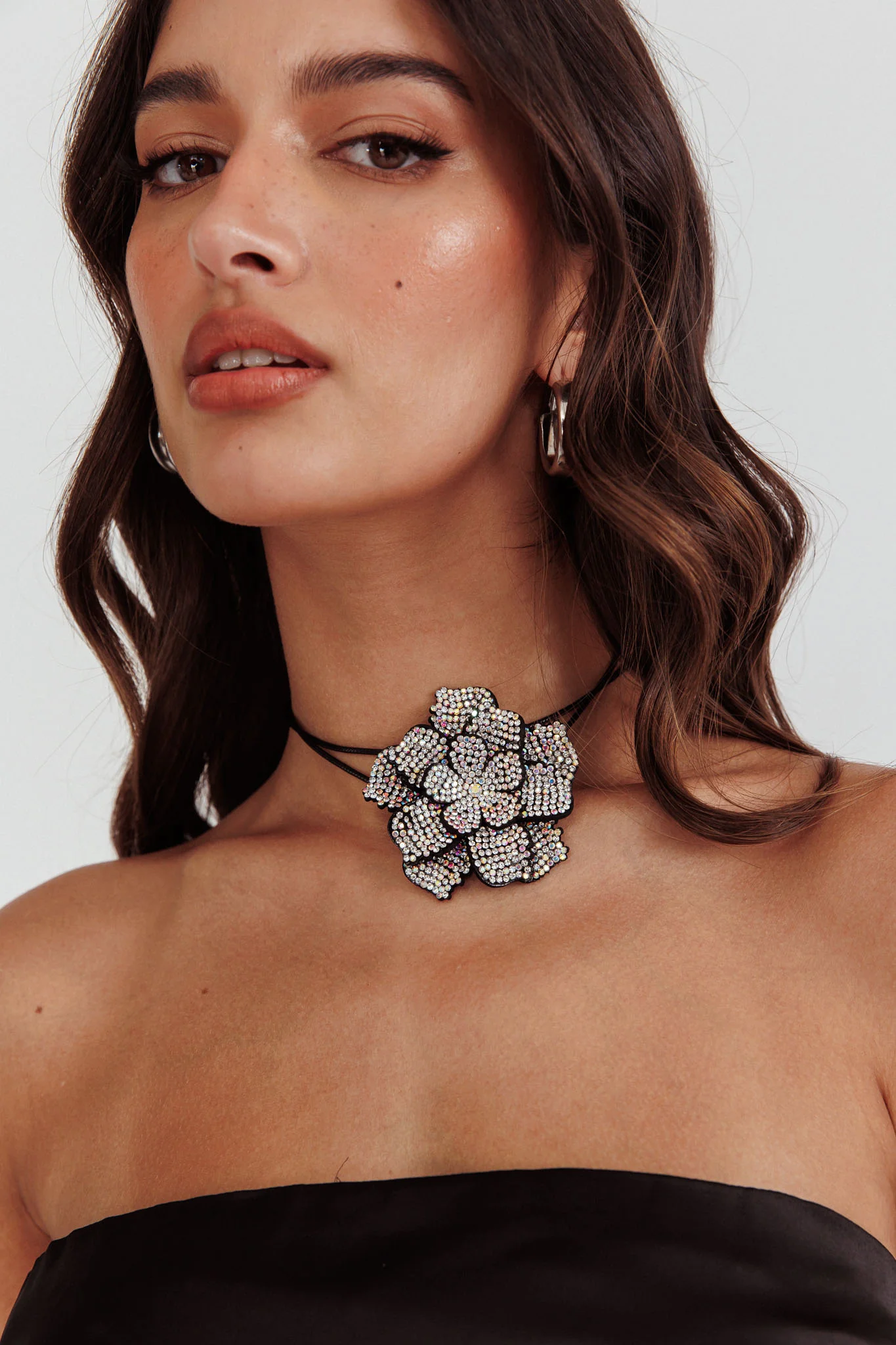 Magnolia Diamante Flower Choker Necklace Black