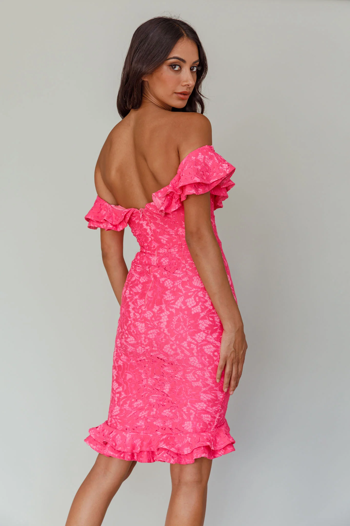 Rossi Off-Shoulder Double Ruffle Lace Dress Hot Pink
