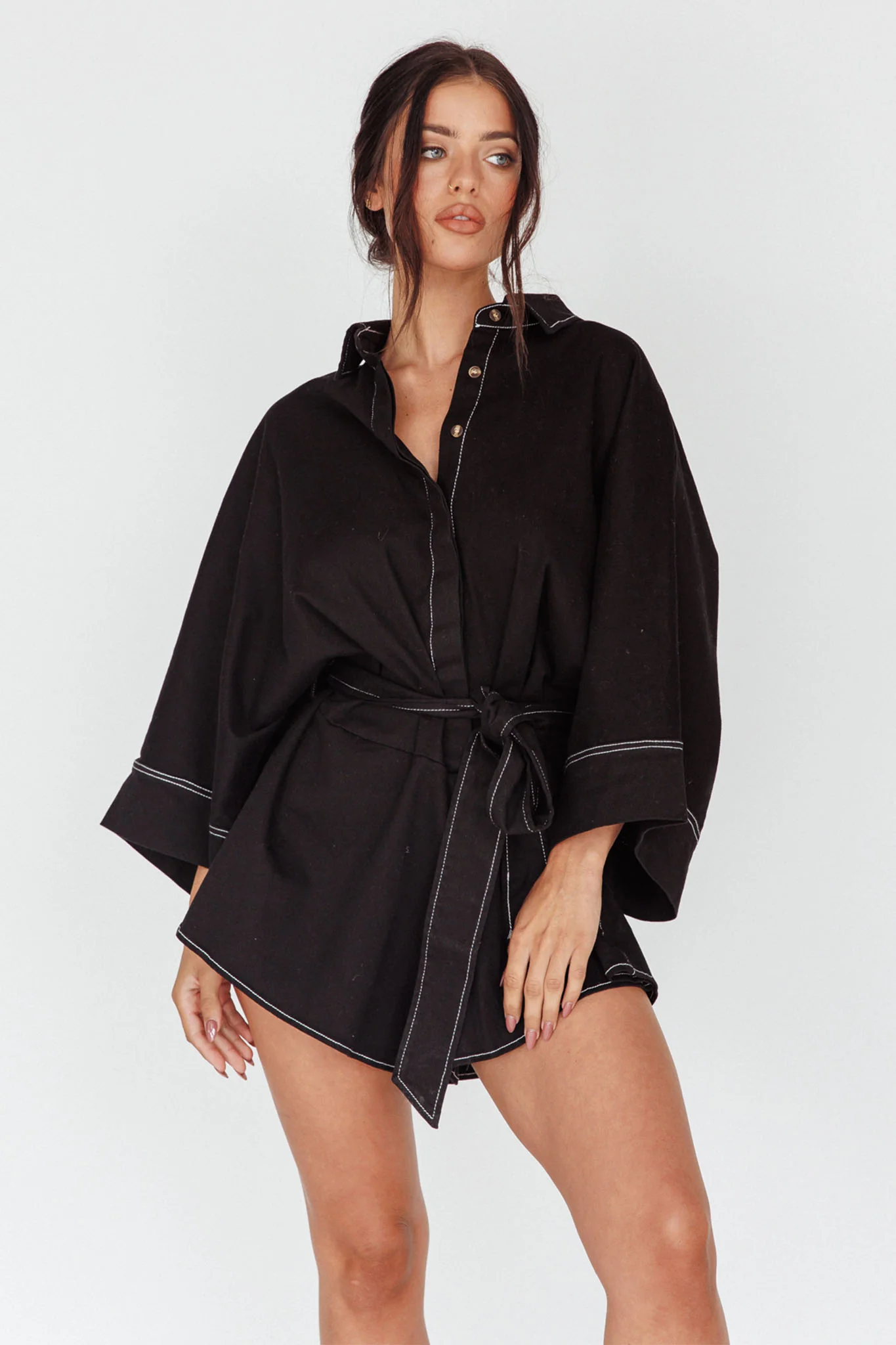 Daytona Beach Long Sleeve Shirt Romper Black