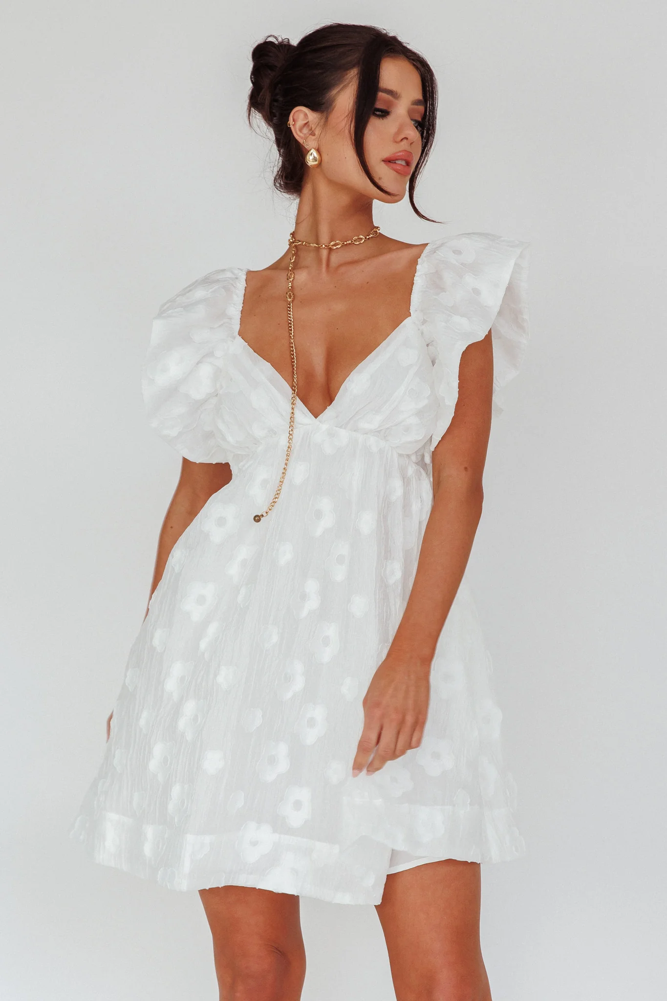 Melrose Place Floral Textured Frill Dress White