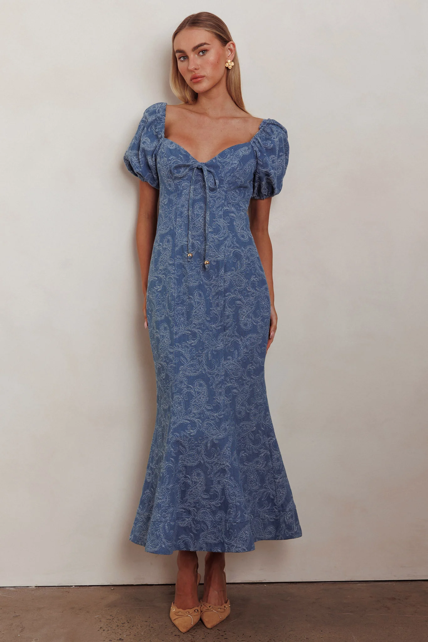 Feeling Electric Puff Sleeves Mermaid Maxi Dress Denim Blue