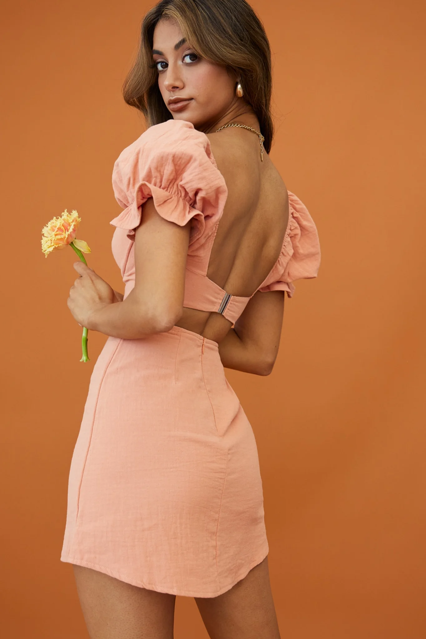 Norma Jean Puff Sleeve Piping Trim Mini Dress Apricot