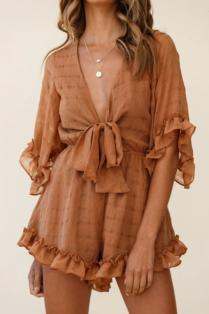 Athira Tied Bust Flared Sleeve Frill Romper Tan