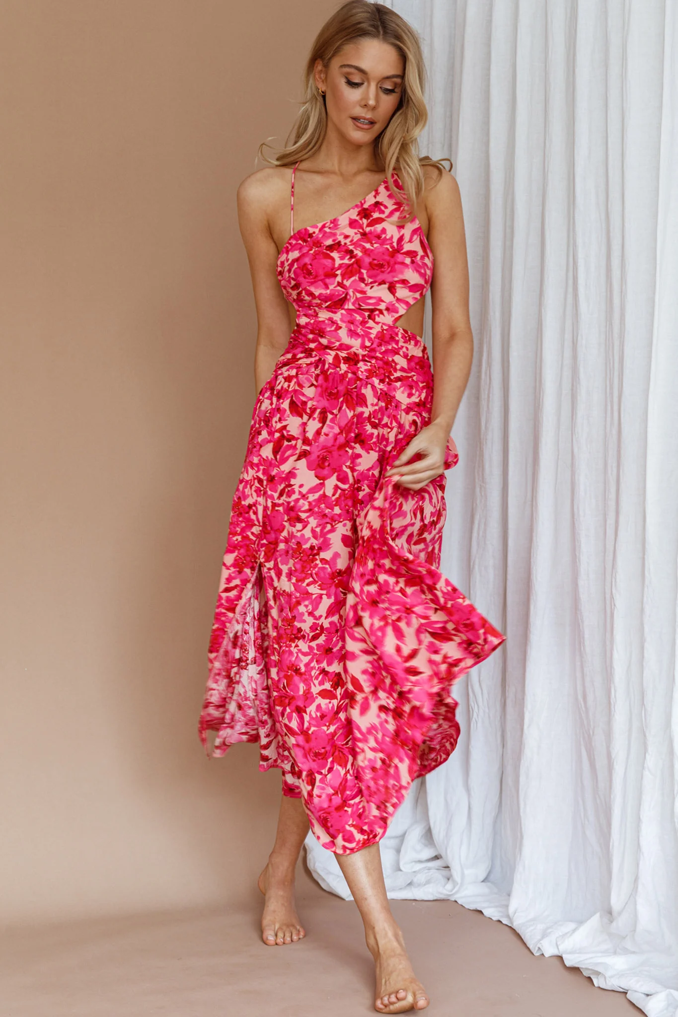 Destination Open Back Midi Dress Floral Pink