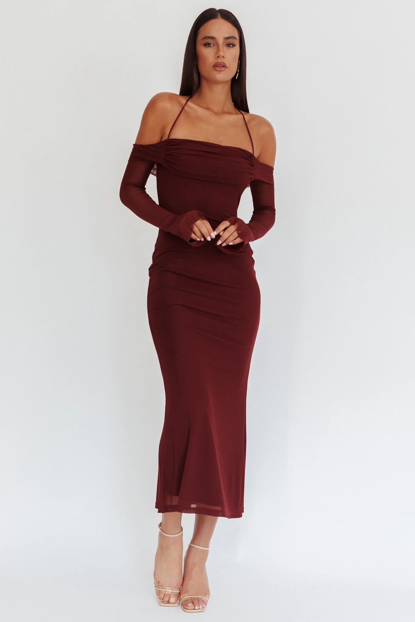 Numbers Game Off-Shoulder Halter Maxi Dress Chocolate