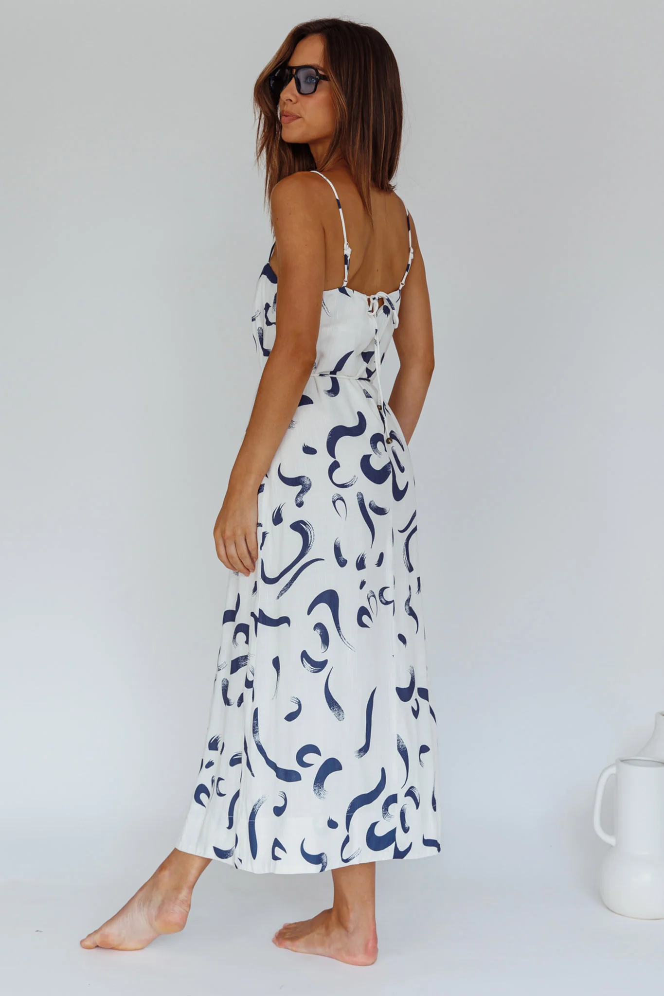 Rossy Waist Tie Midi Dress Printed Navy