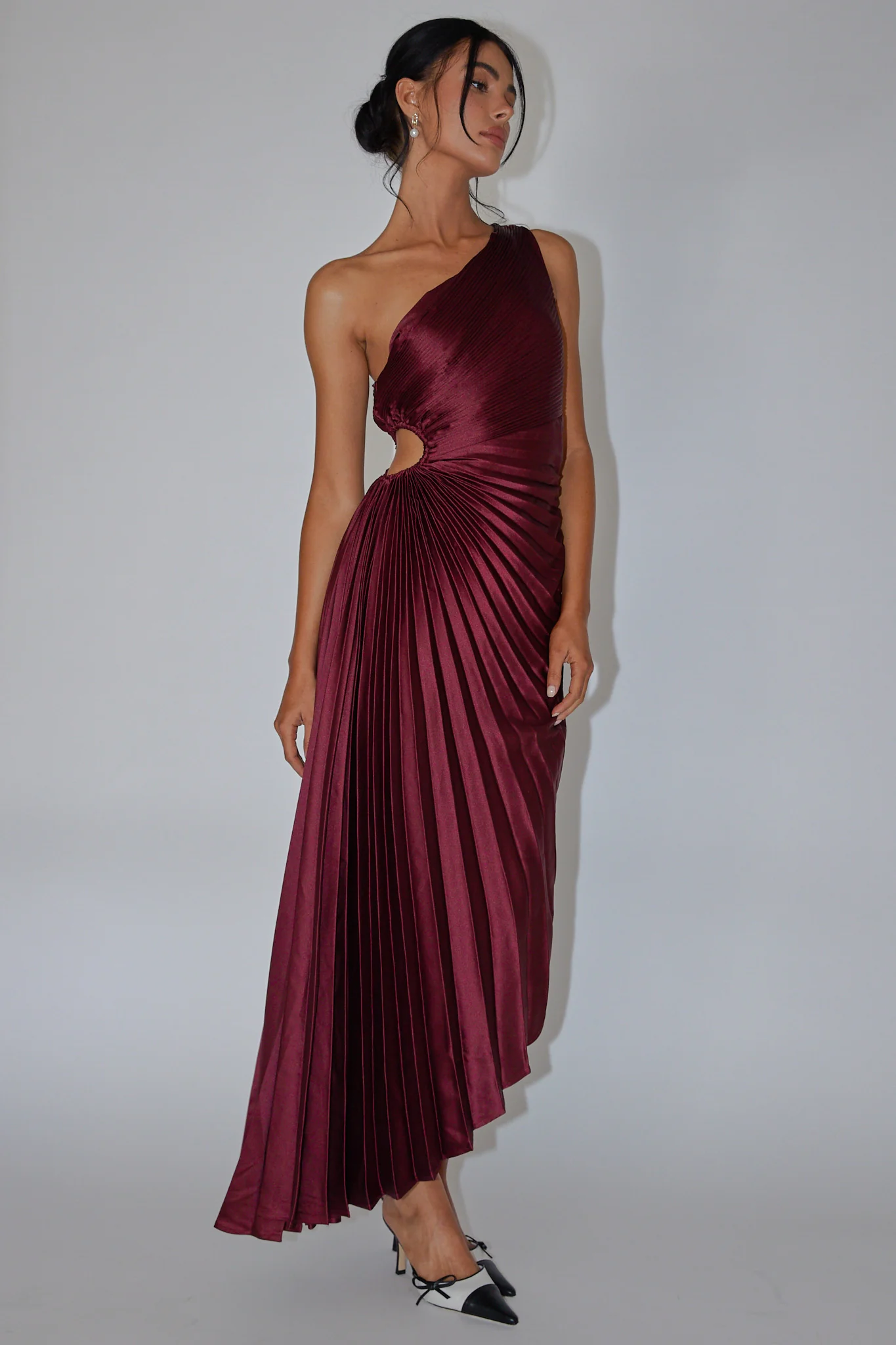 Brooklynn One-Shoulder Accordion Pleat Dress Wine