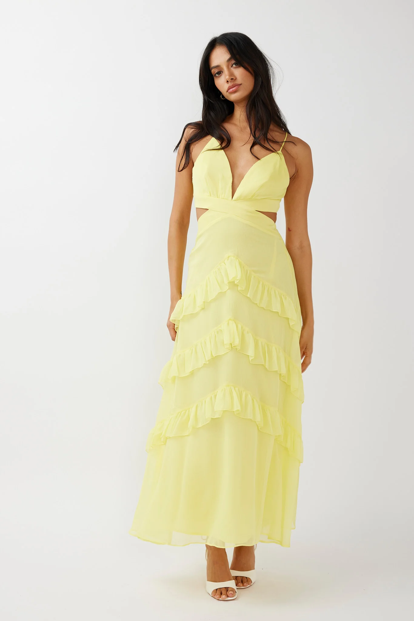 Joss Ruffle Trim Cut-Out Dress Yellow