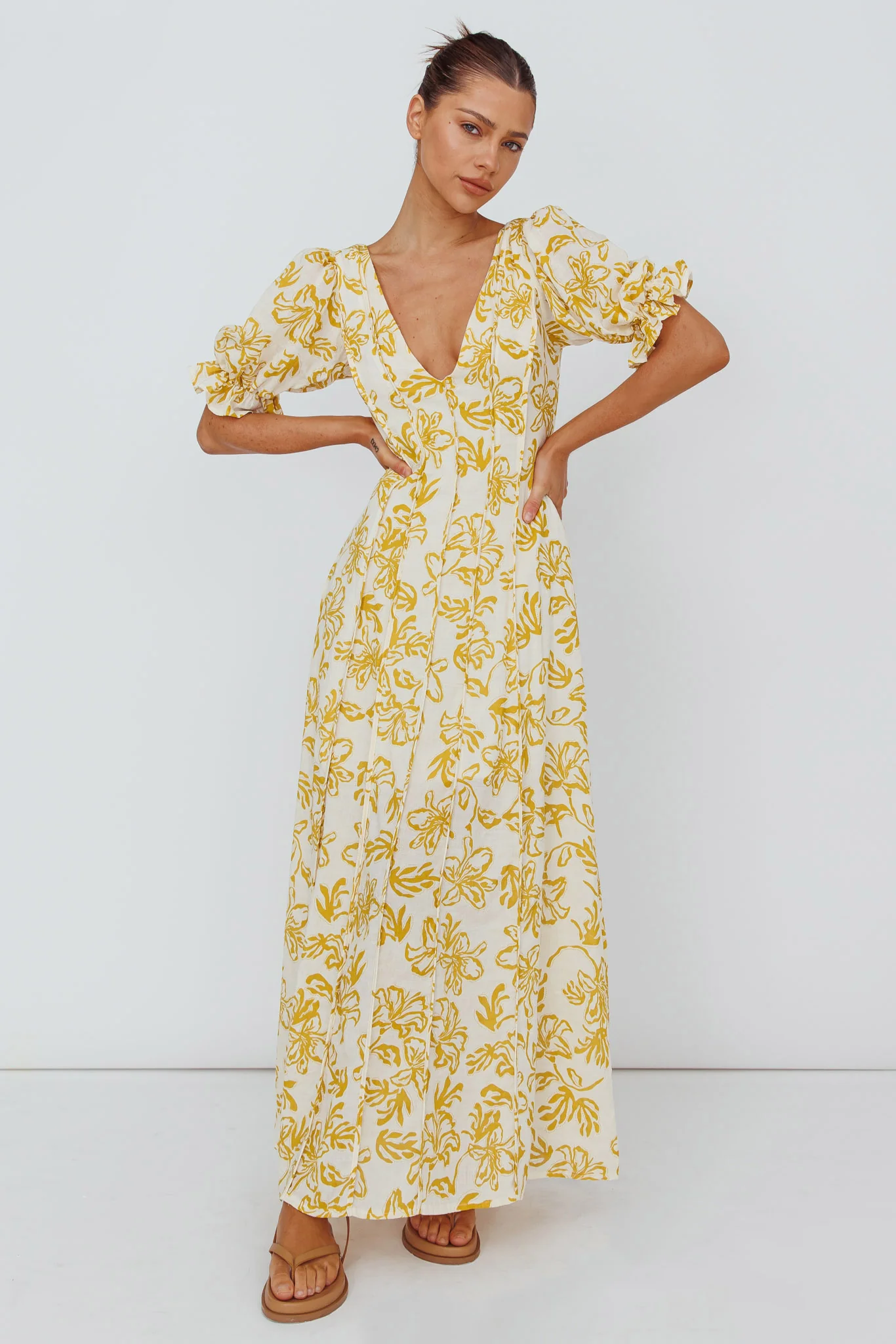 Sitting Pretty Pintuck Pleat Puff Sleeve Dress Yellow