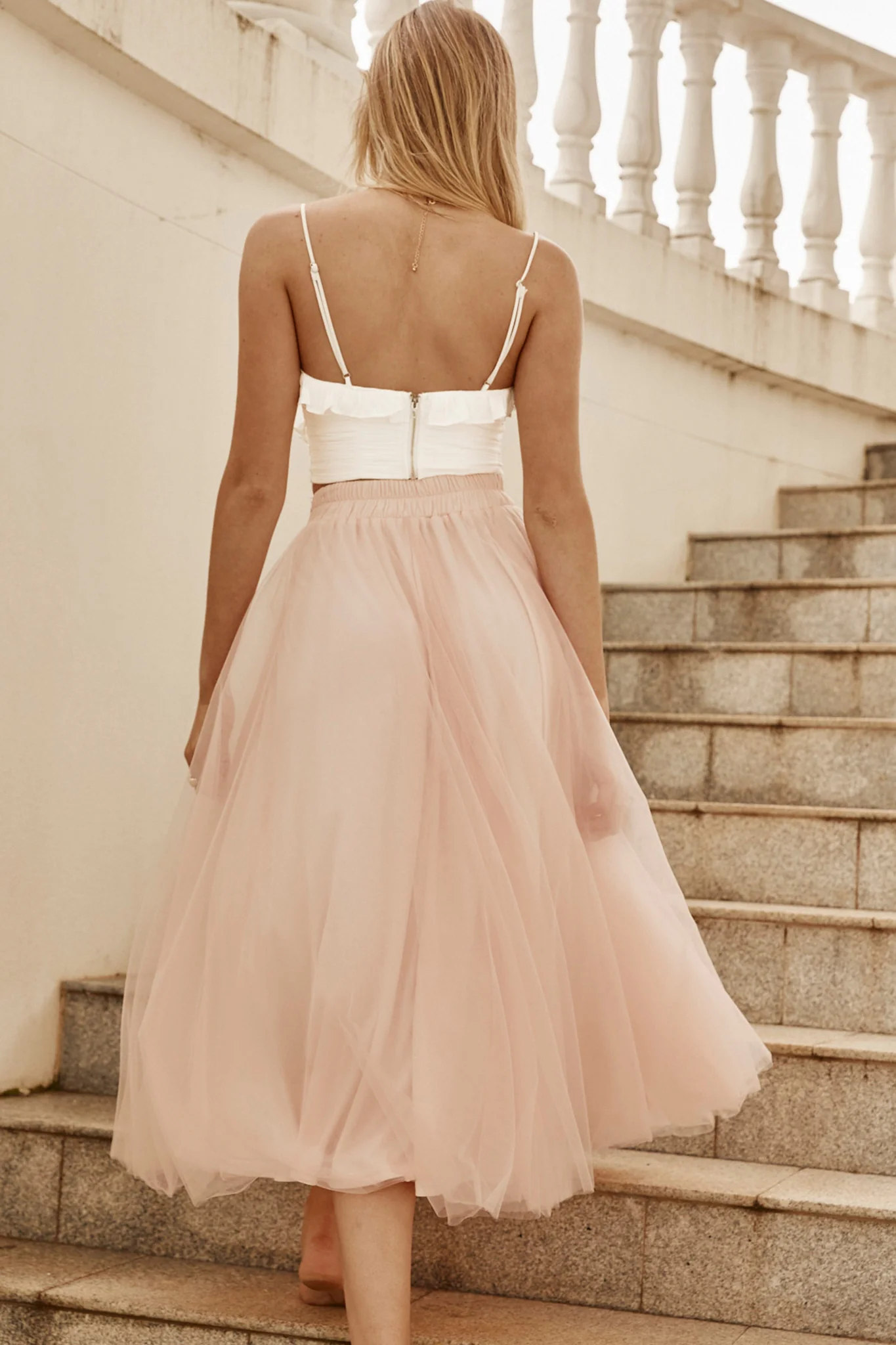 Jasmine Organza Mesh Elasticated Waist Midi Skirt Baby Pink