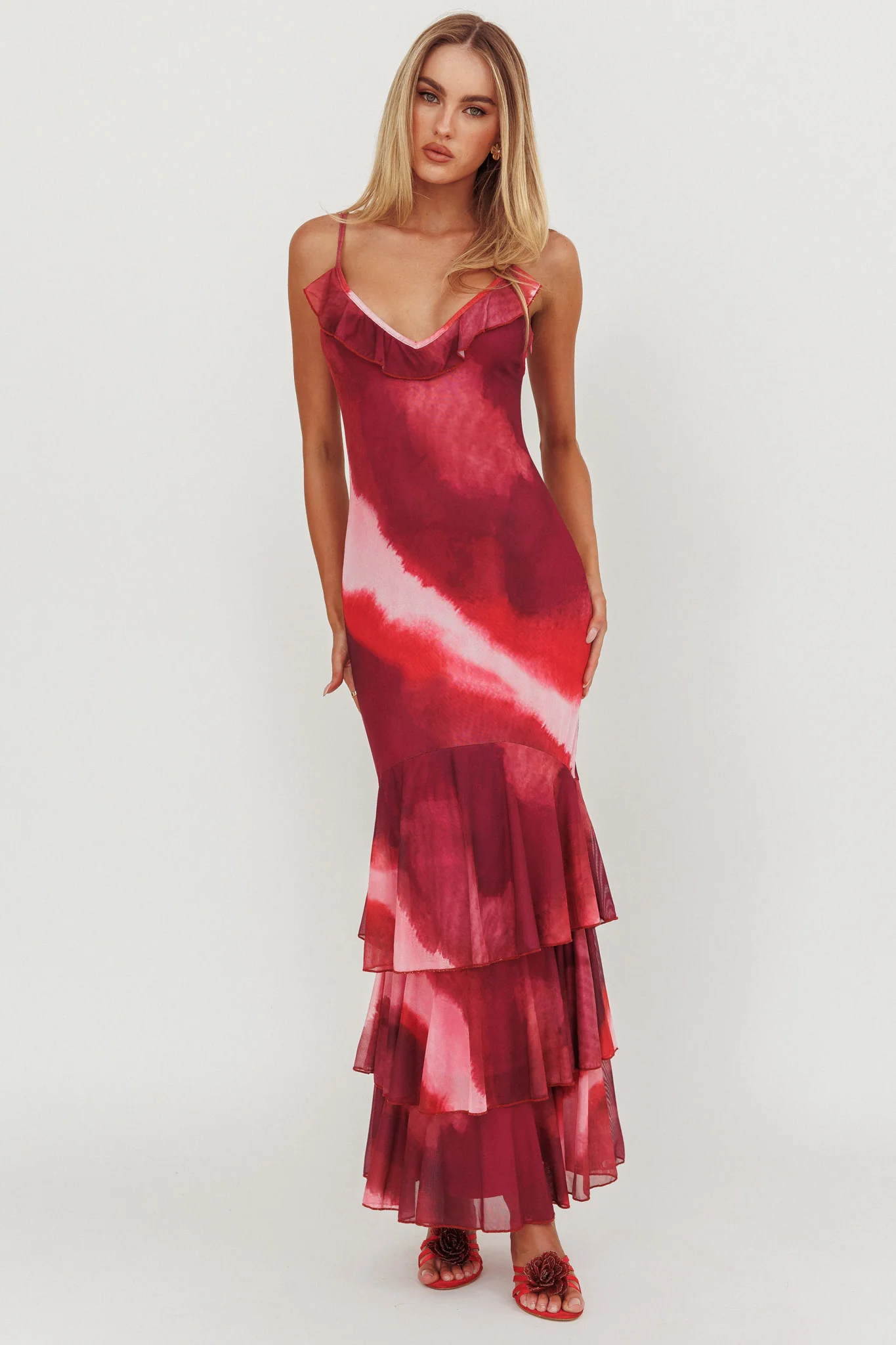 Oskar Tiered Ruffle Hem Mermaid Maxi Dress Pink