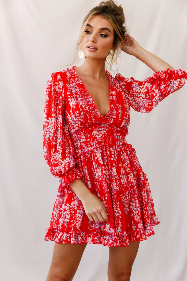 Laney Cutout Back Ruffle Detail Floral Dress Red