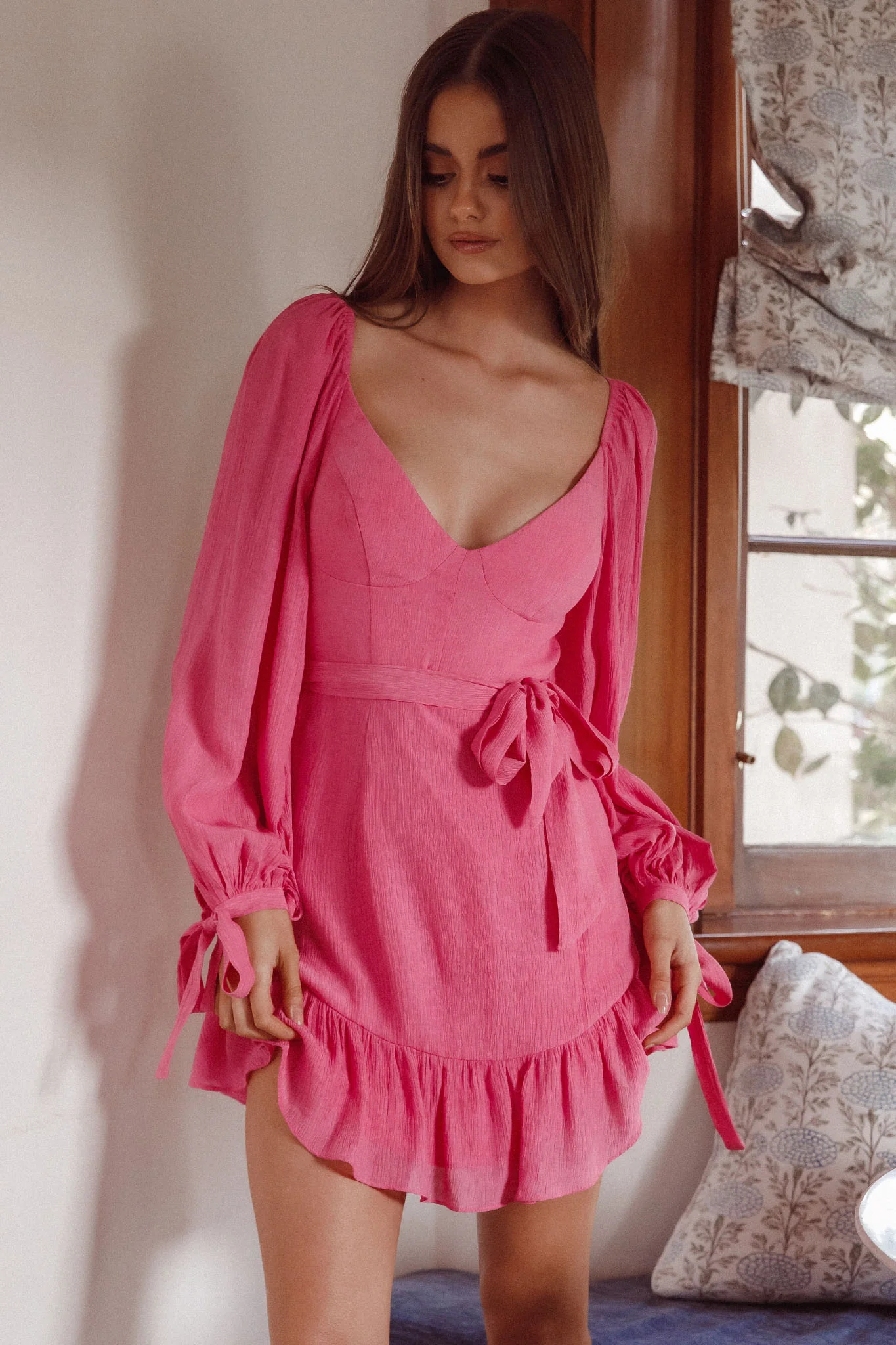 Make Memories Balloon Sleeve Molded Bust Dress Hot Pink
