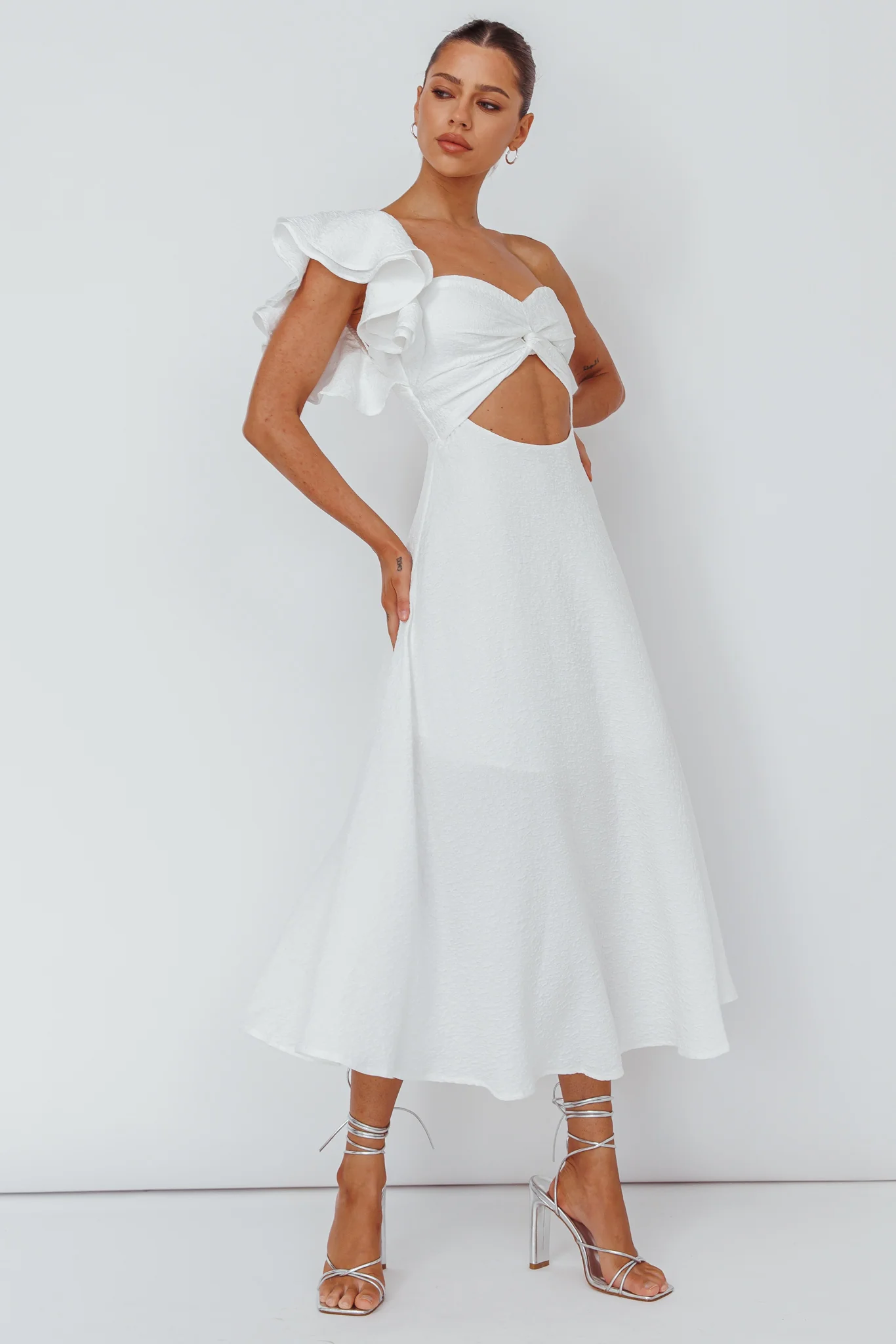 Jolina Ruffle Shoulder Midi Dress White