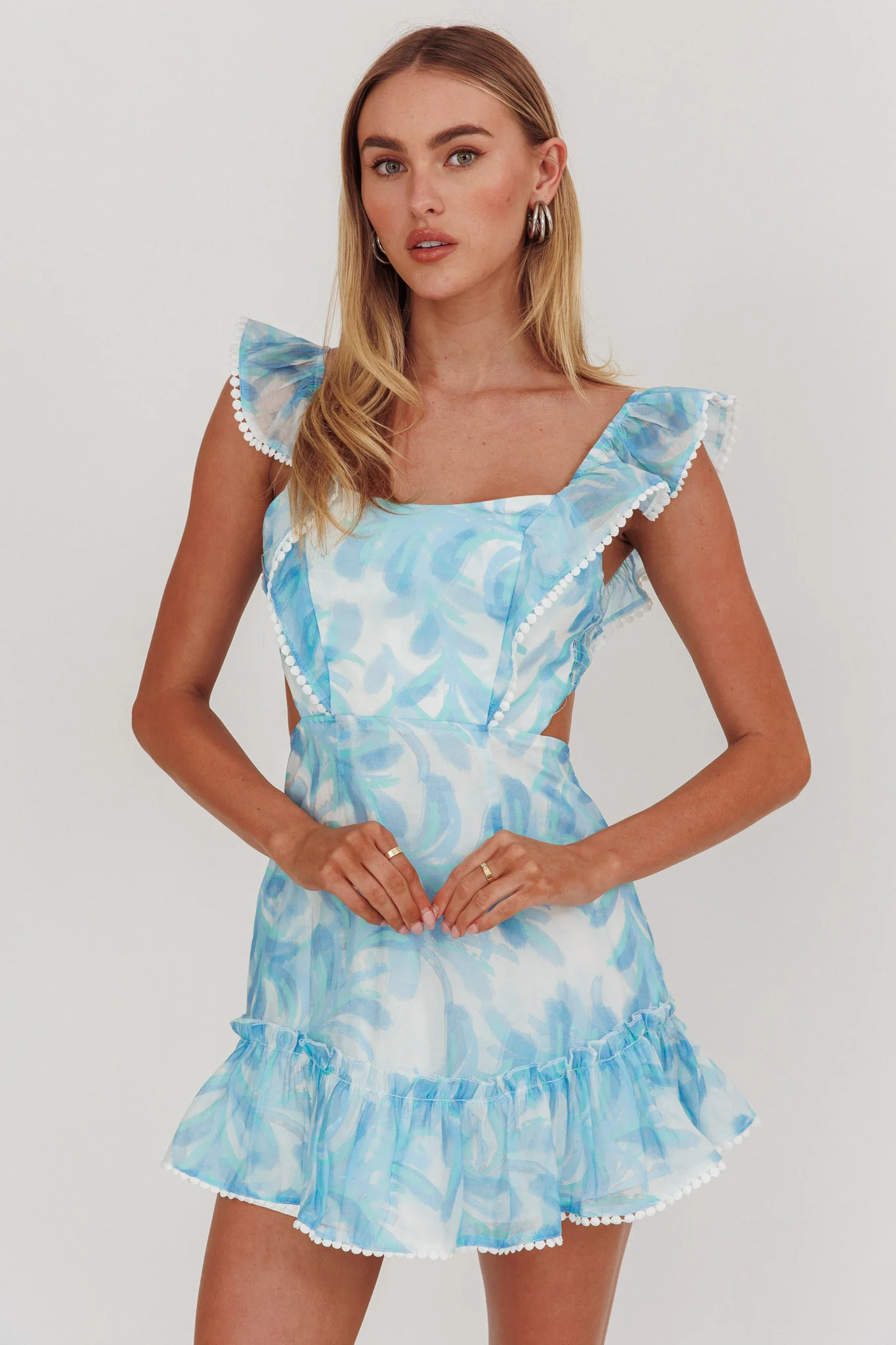 Porcia Tied Back Frill Dress Leaves Blues