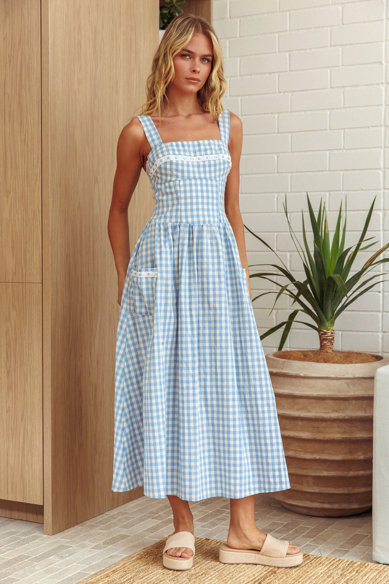 Elderflower Front Pocket Maxi Dress Gingham Baby Blue
