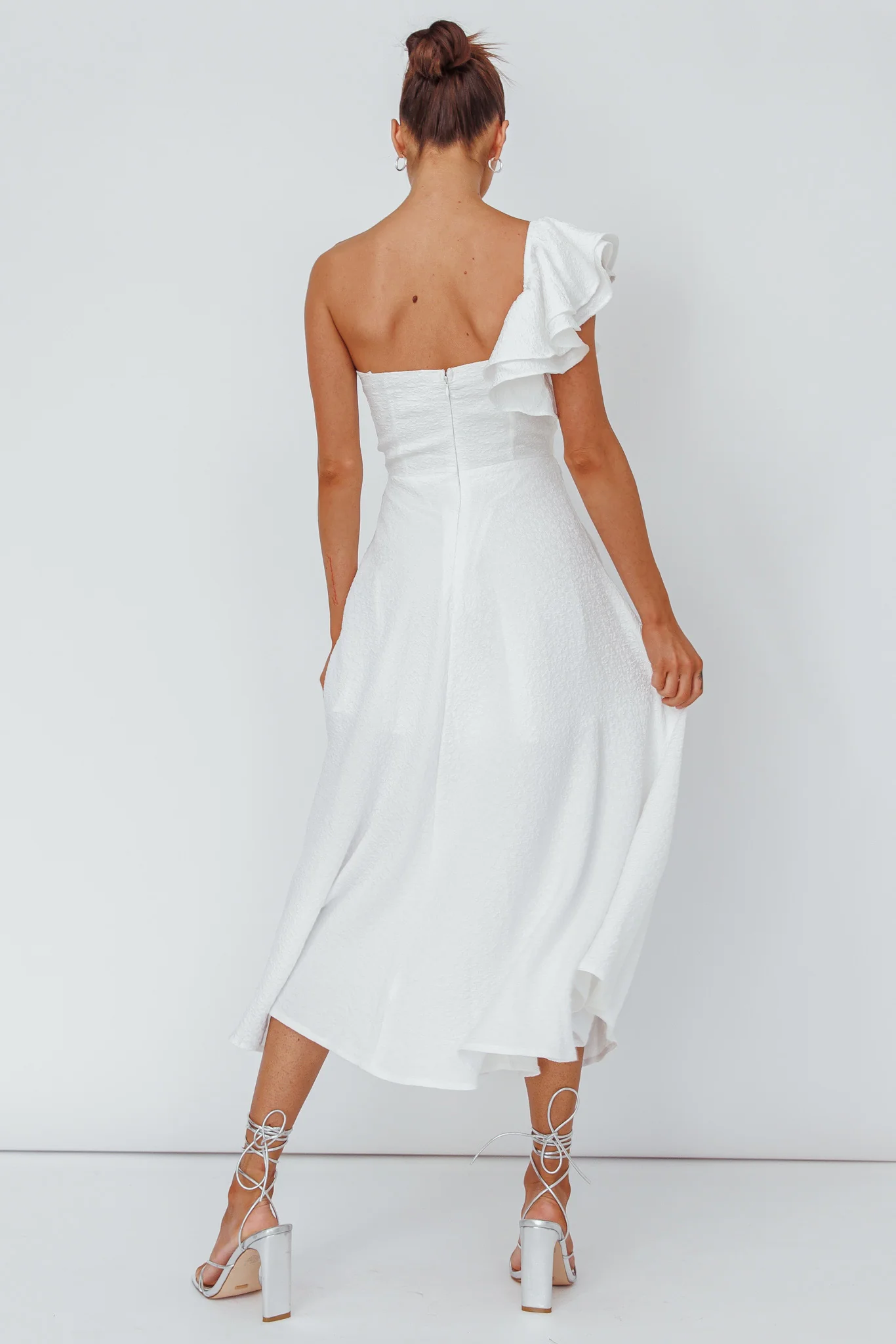 Jolina Ruffle Shoulder Midi Dress White