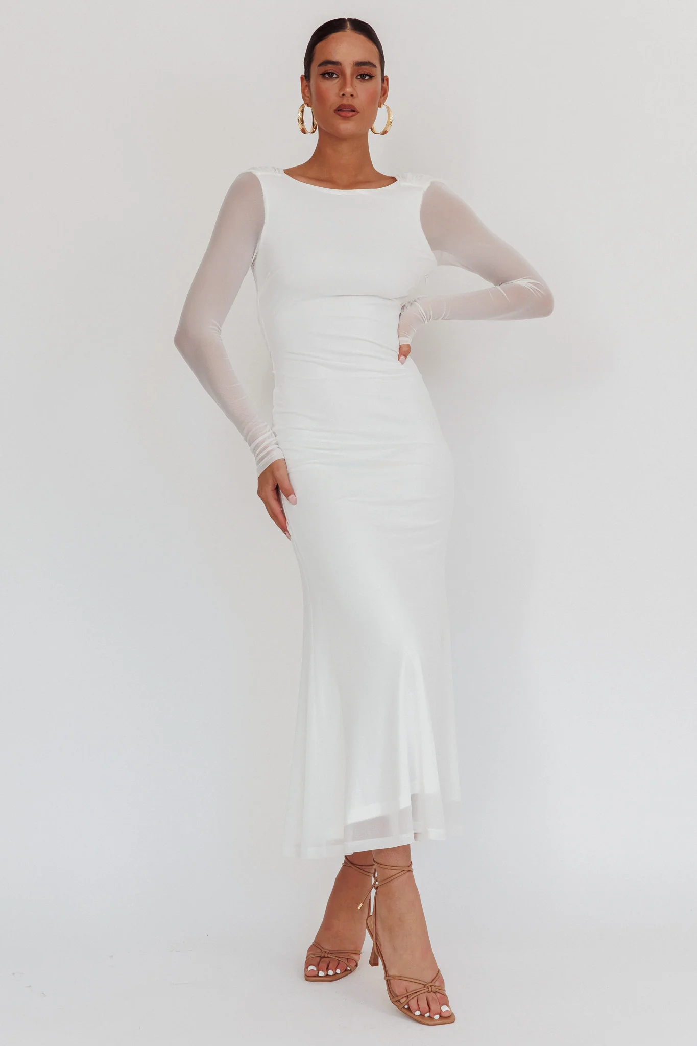 Lustre Open Back Mesh Maxi Dress White