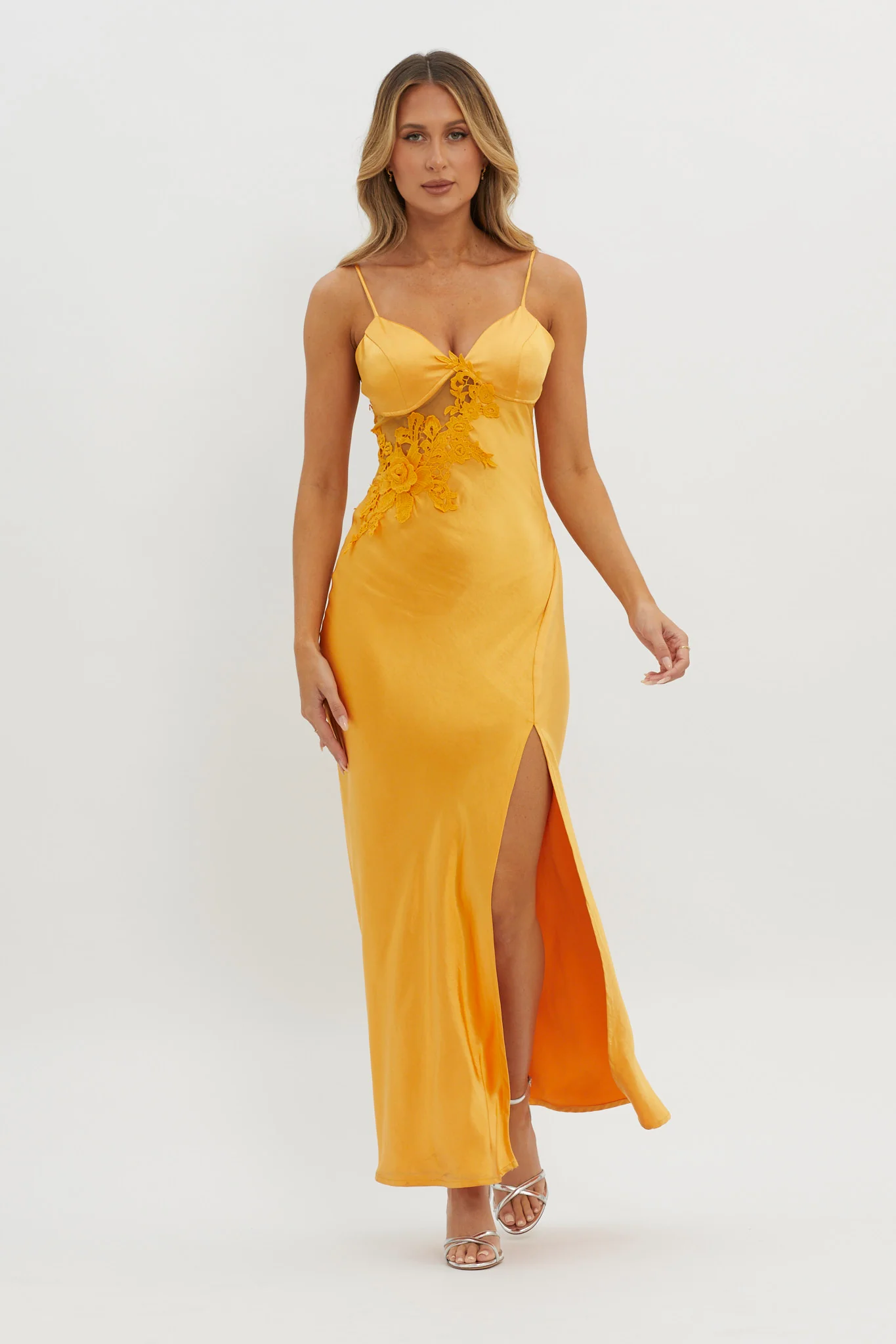 Roxana Applique Trim Split Maxi Dress Orange