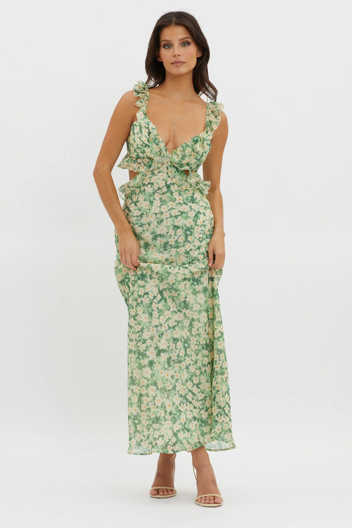 Second Chances Ruffle Trim Maxi Dress Flowers Green