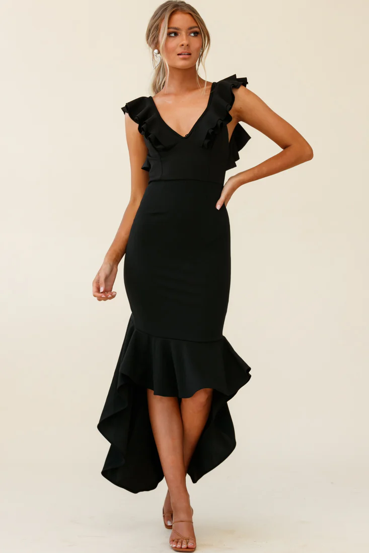 Pearl Ruffle Strap High-Low Hem Dress Black