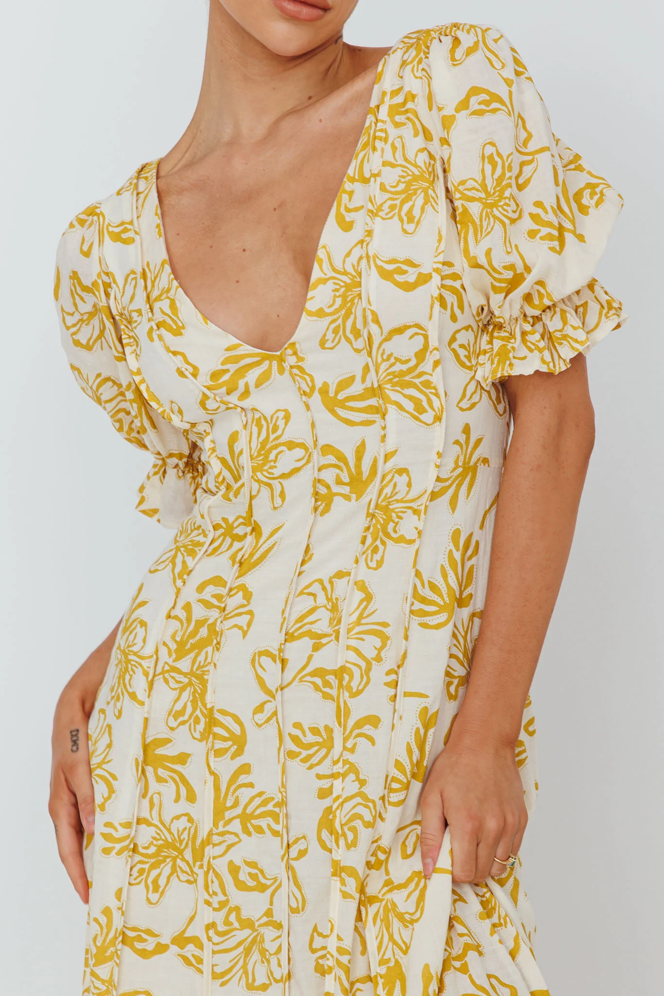 Sitting Pretty Pintuck Pleat Puff Sleeve Dress Yellow