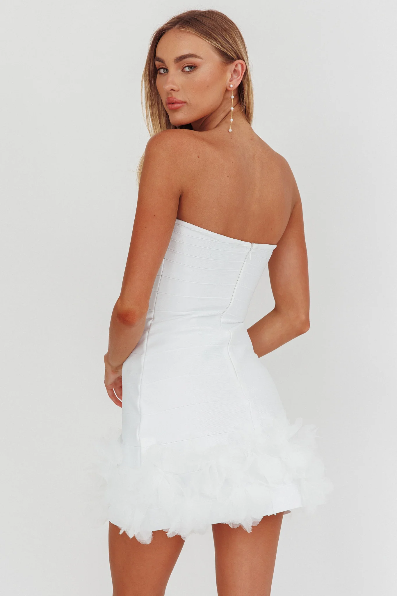 Leni Strapless Embellished Hem Mini Dress White