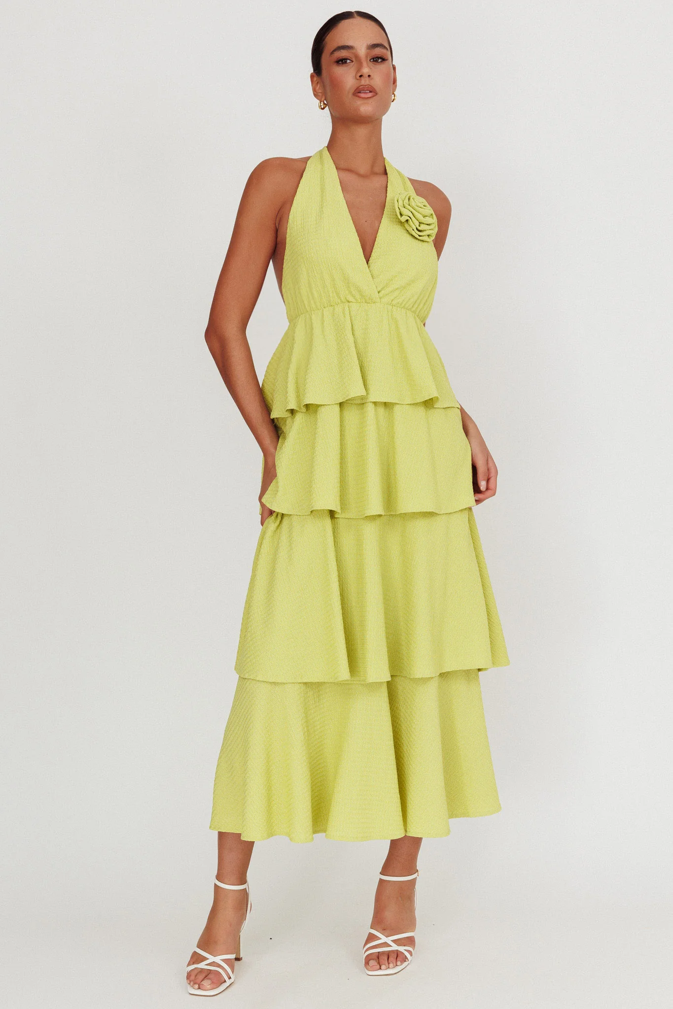 Kimberley Halter Neck Ruffle Maxi Dress Matcha