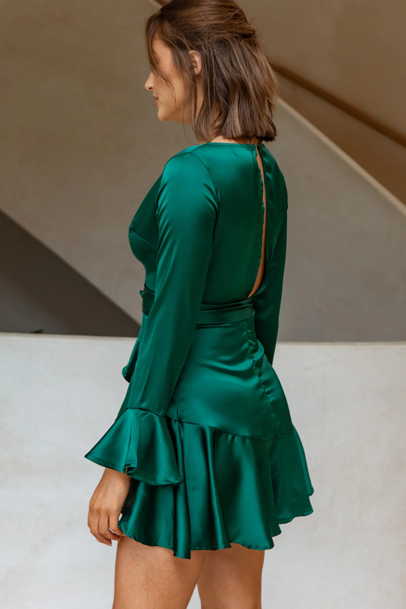Khandi Long Sleeve Ruffle Wrap Dress Jade