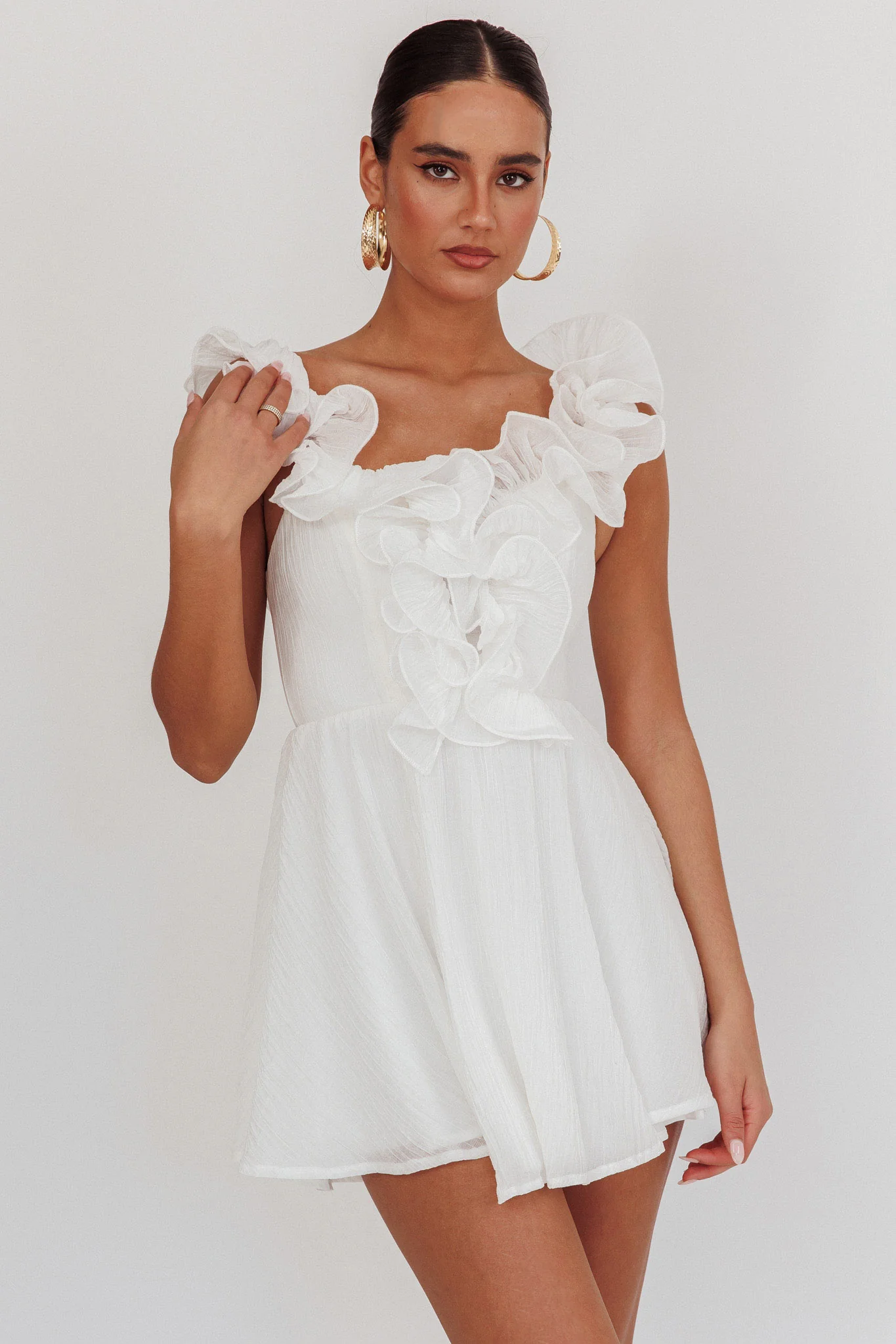 Nivaya Ruffle Neckline Mini Dress White