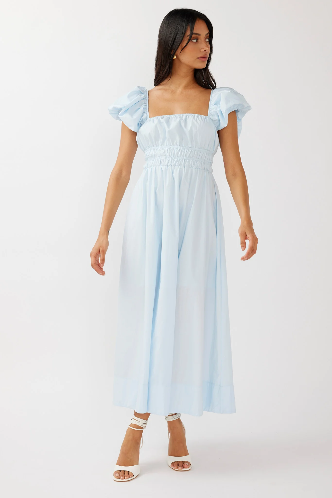 Rose Meadow Puffed Sleeve Midi Dress Blue