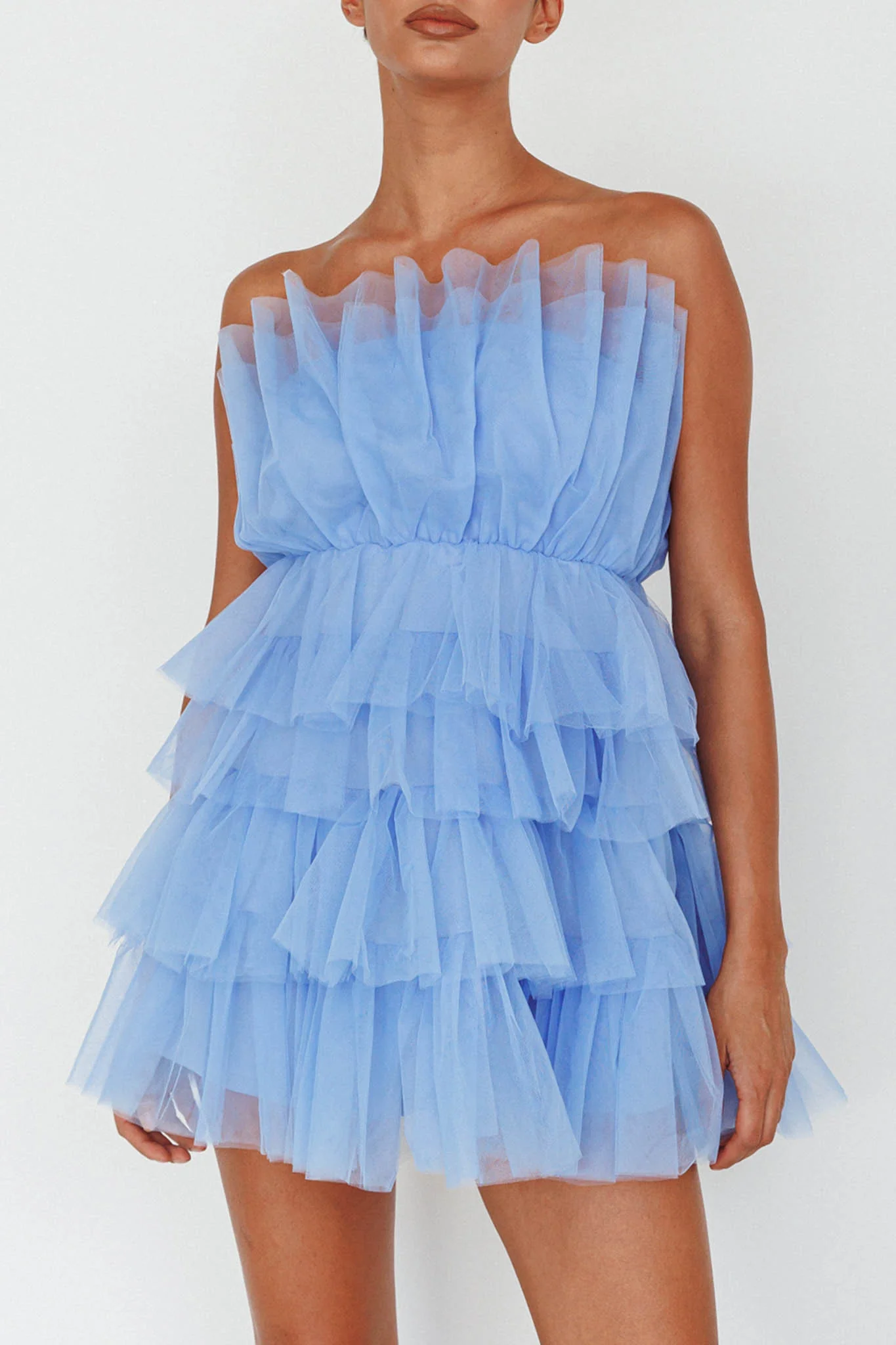 Bon Bon Tiered Mesh Mini Dress Steel Blue