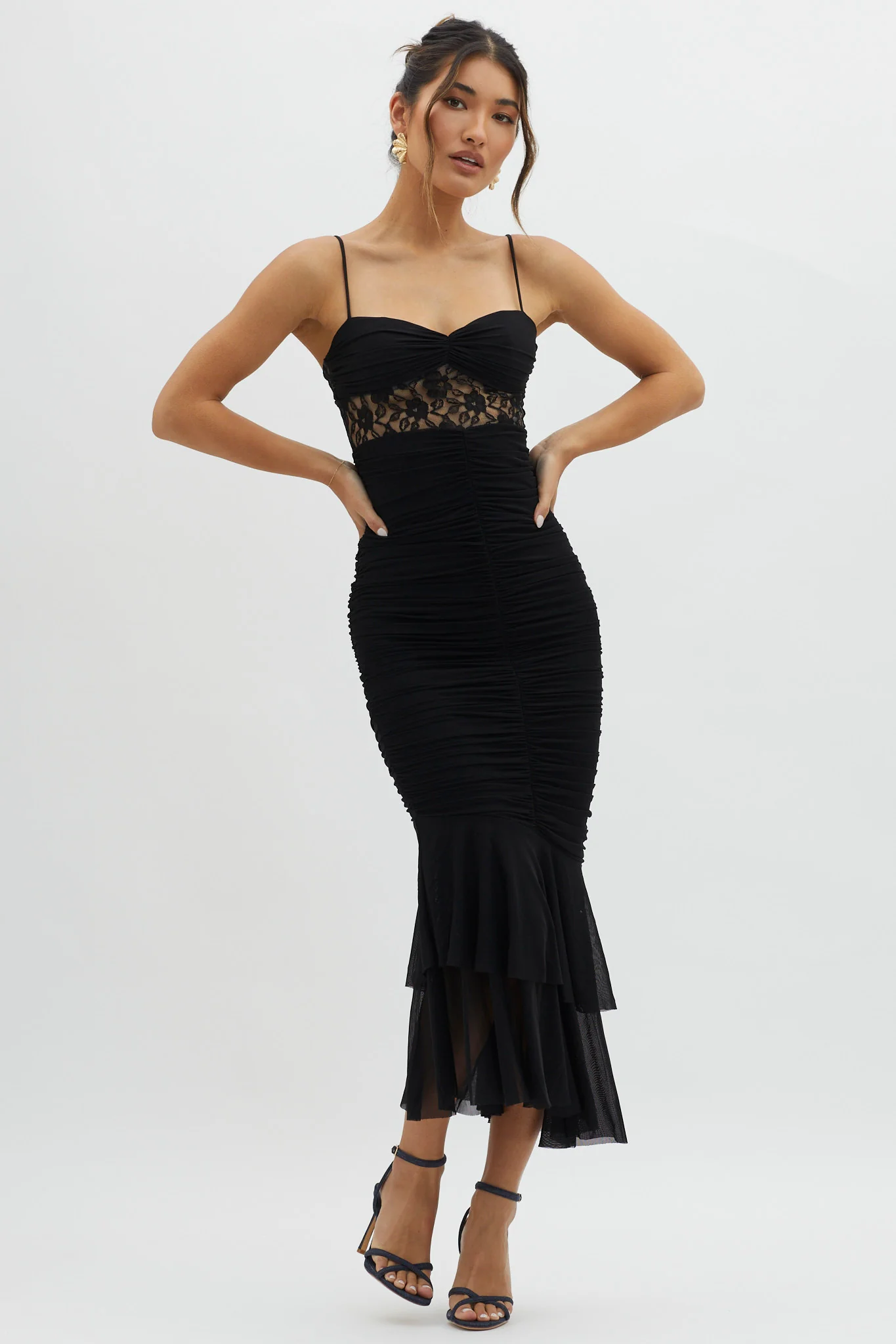 Cherubim Lace Insert Ruched Midi Dress Black