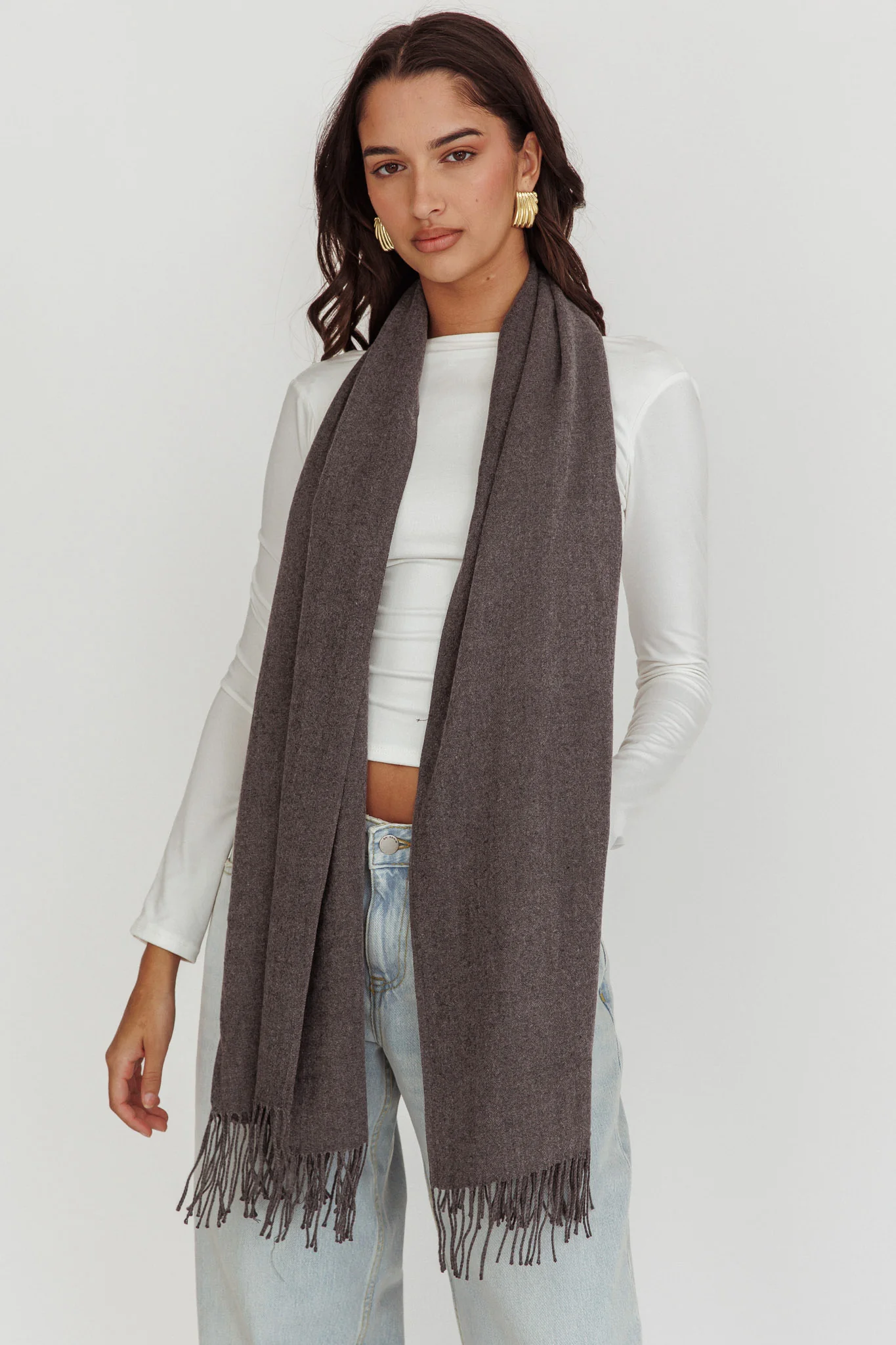 Diona Cashmere and Wool Fringed Scarf Grey