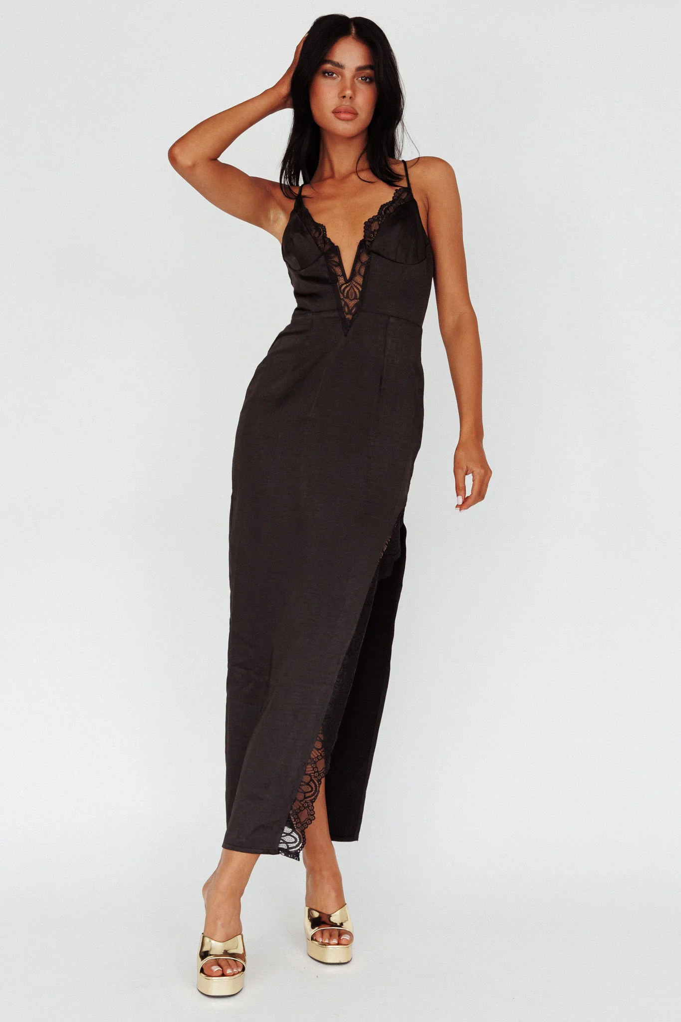 Salma Lace V-Neckline Midi Dress Black
