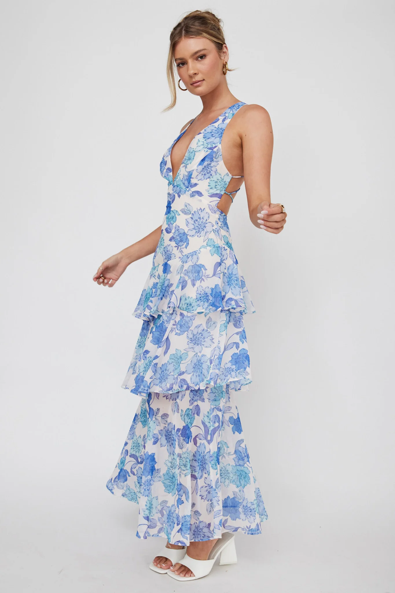 Veda Strappy Back Ruffle Midi Dress Floral Blue