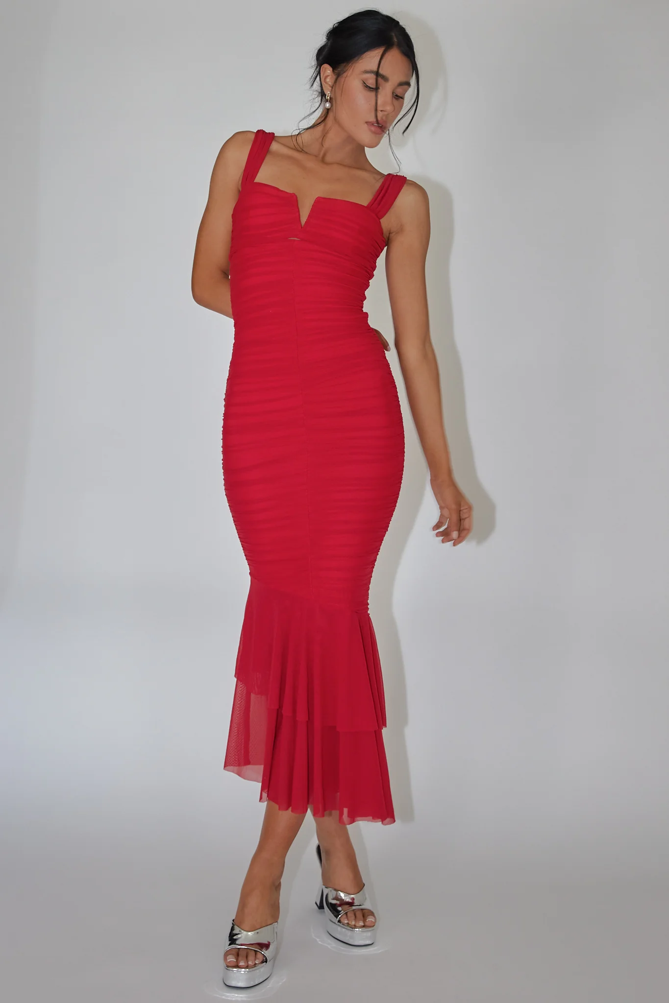 Nadia Ruched Fishtail Maxi Dress Red
