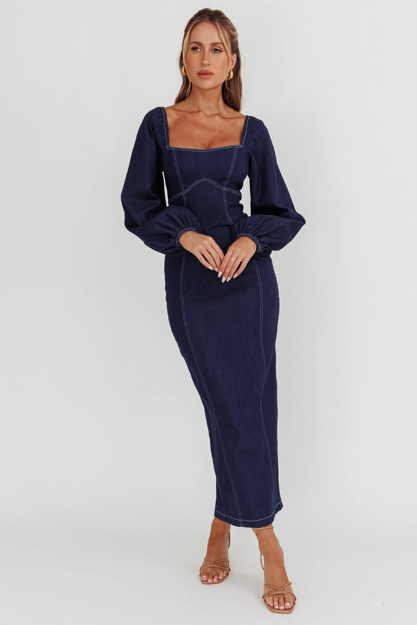 Bay Side Long Sleeve Denim Midi Dress Indigo
