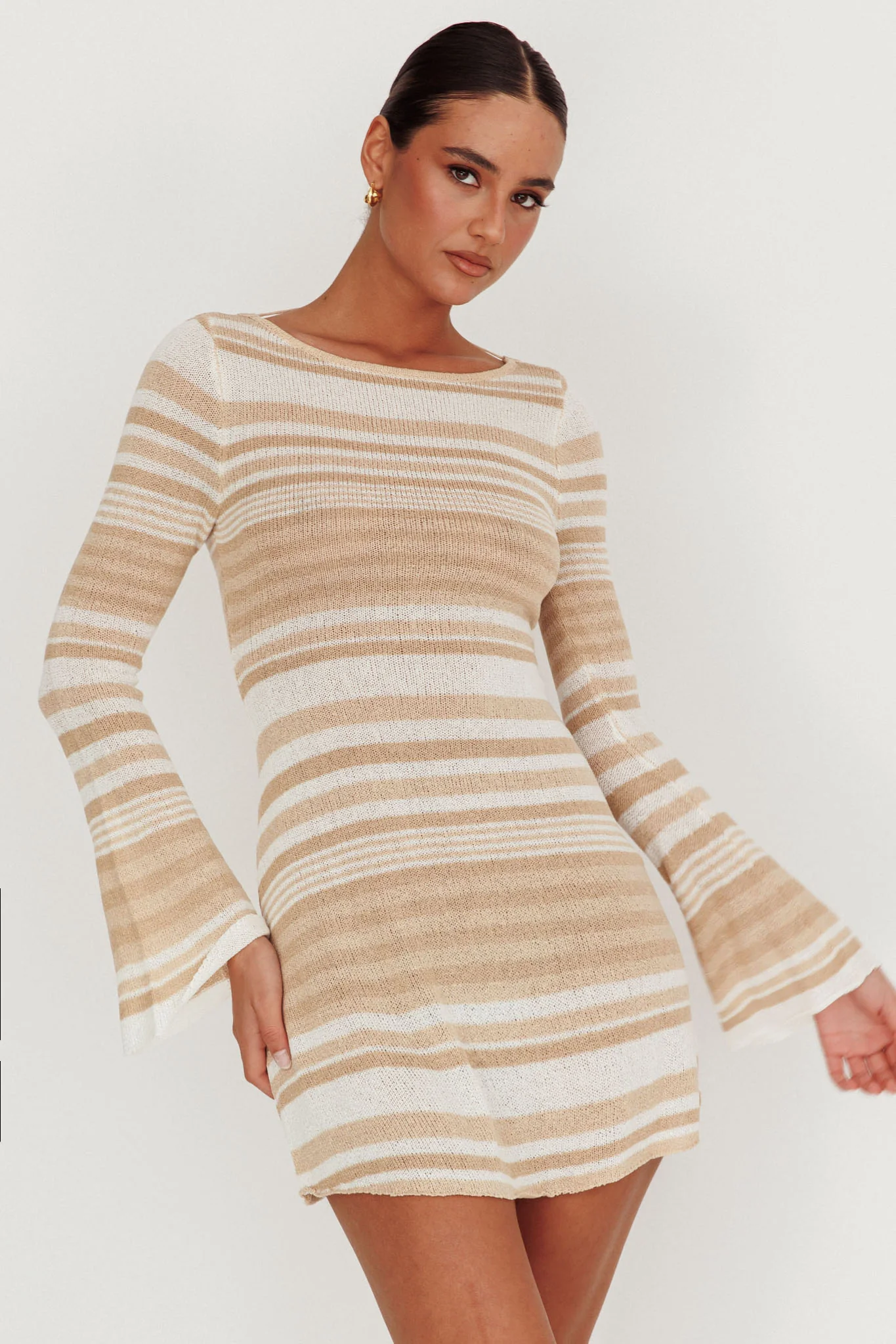 Sylvan Long Sleeve Knit Mini Dress Tan Multi