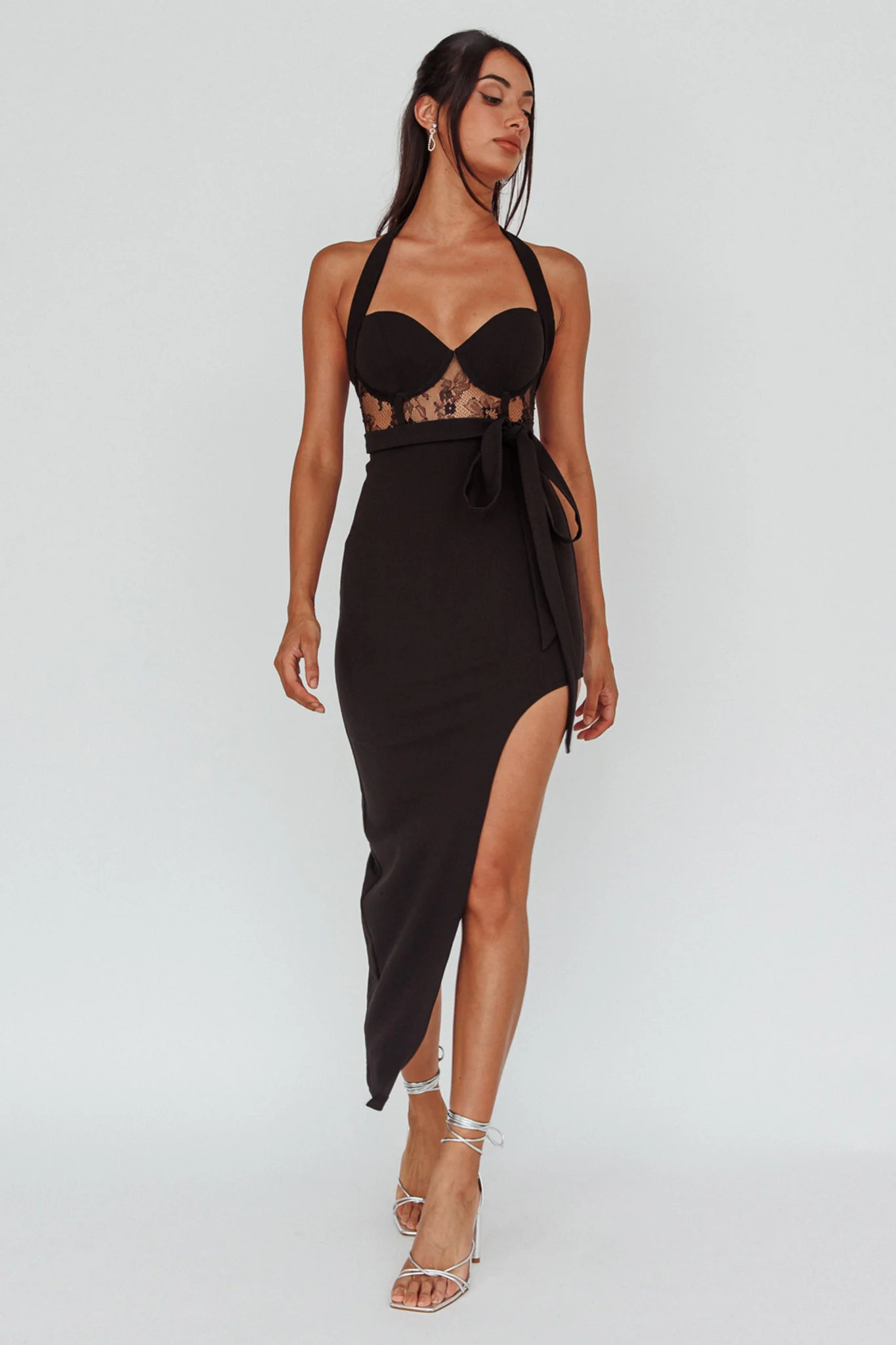 Jonetta Lace Insert Halterneck Midi Dress Black