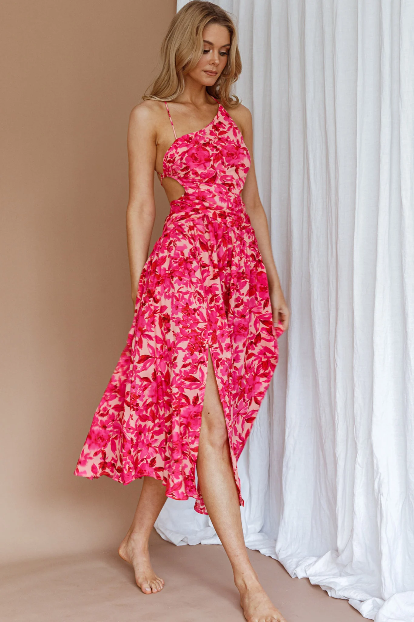 Destination Open Back Midi Dress Floral Pink