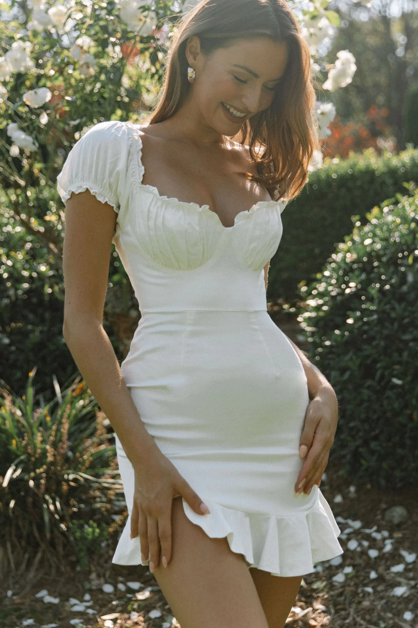 Heaven Sent Ruched Bust Puff Sleeve Dress White