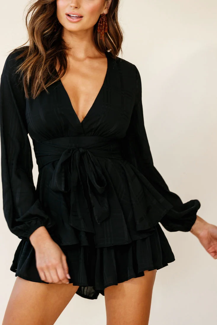 Maddox Fit & Flare Long Sleeve Romper Black