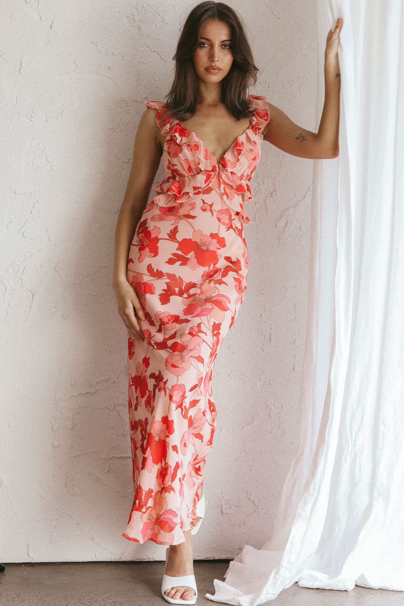 Second Chances Ruffle Trim Midi Dress Floral Pink