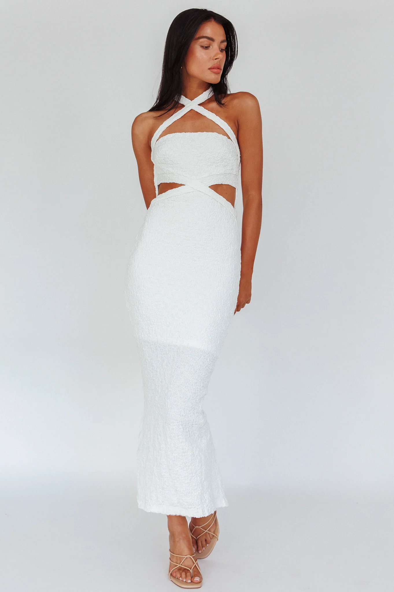 Zadriana Halterneck Textured Midi Dress White