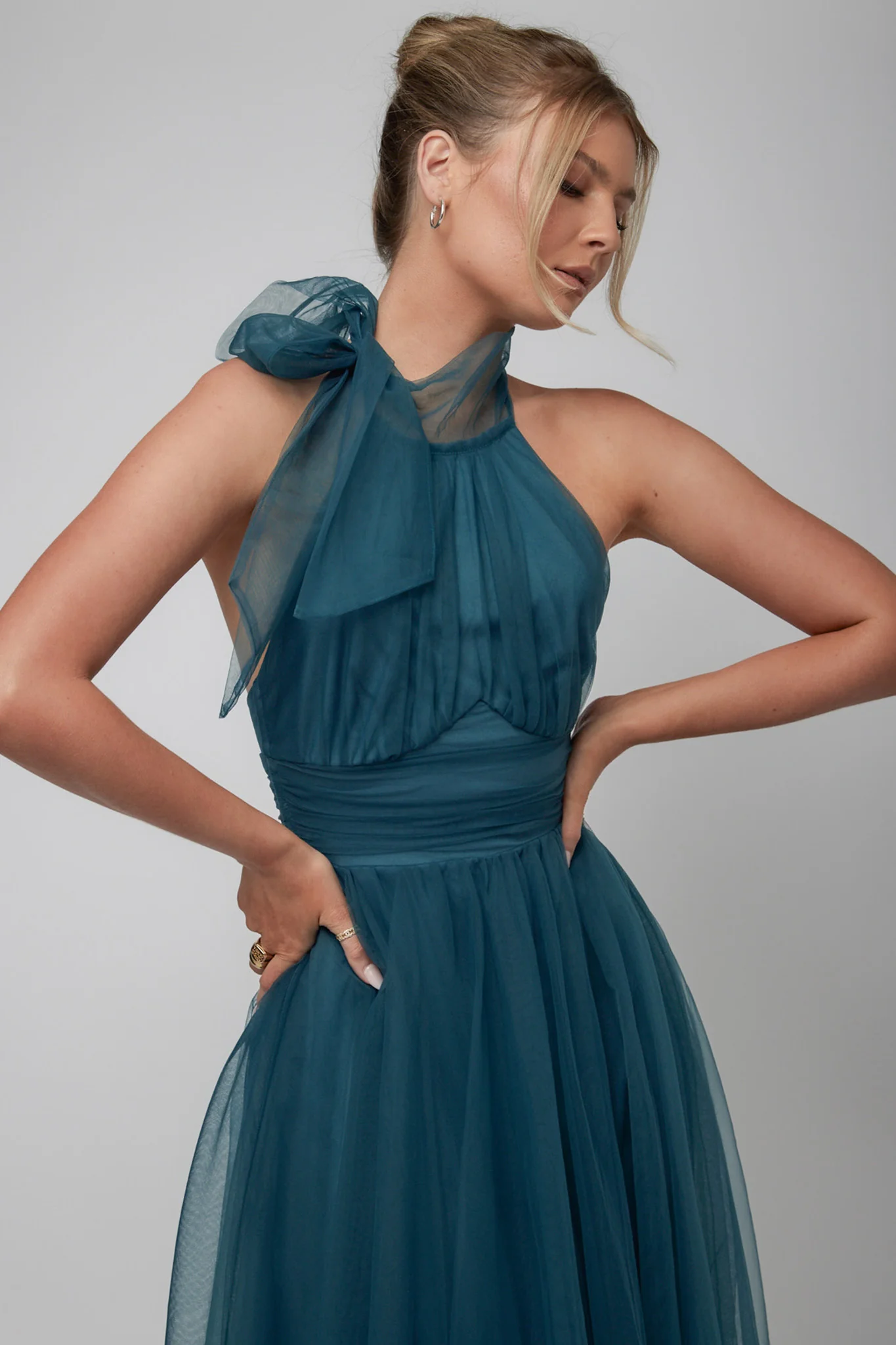 Andria Halterneck Tulle Midi Dress Teal