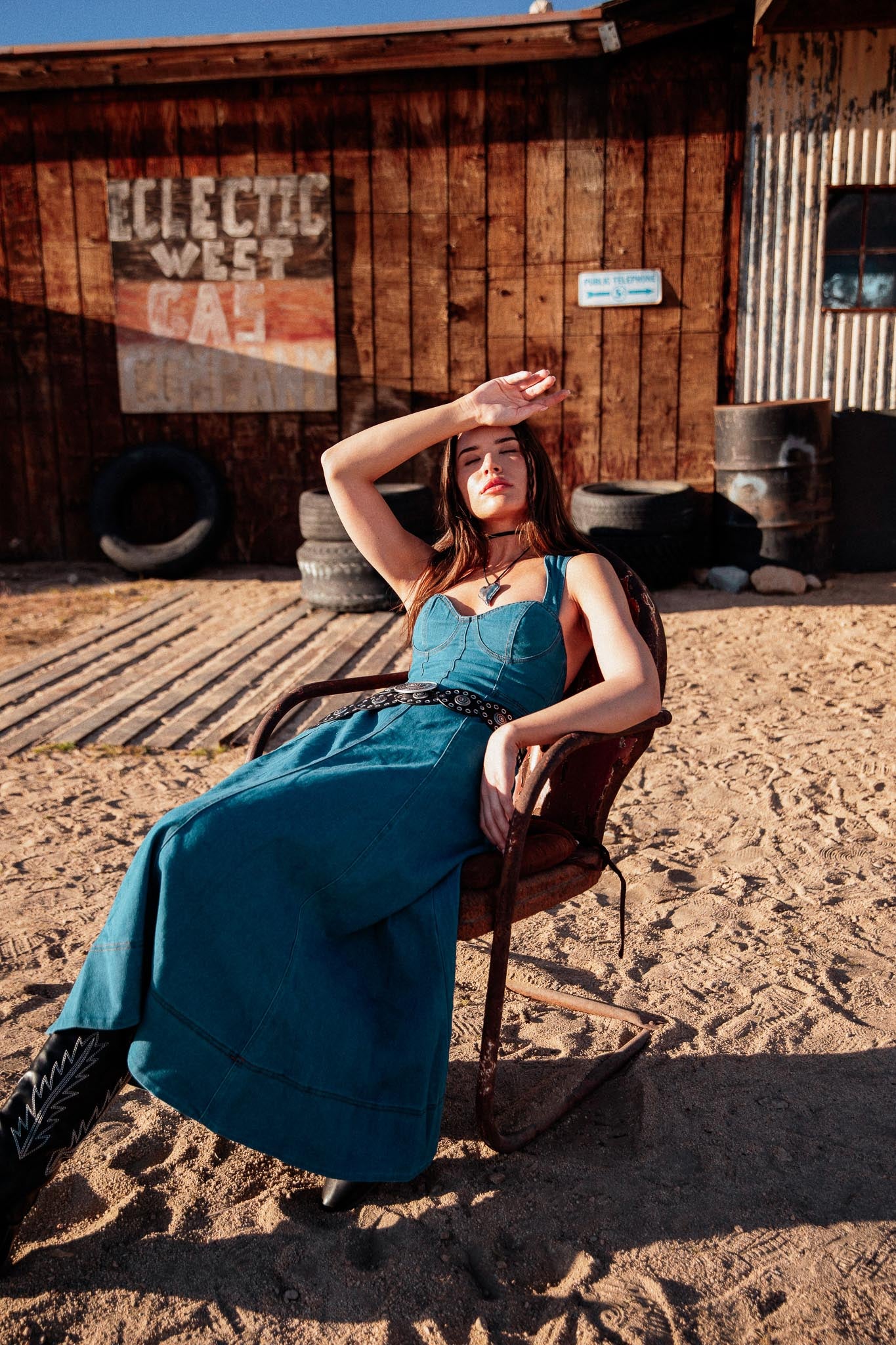 Ellora Criss-Cross Back Denim Maxi Dress Navy