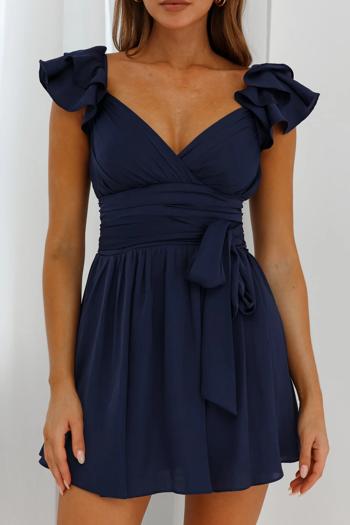 Lola Ruffle Shoulder Ruched Dress Navy